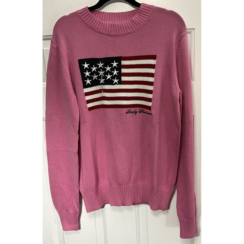Simply Southern Hot Pink Long Sleeve USA Flag Pullover Sweater Women's Medium